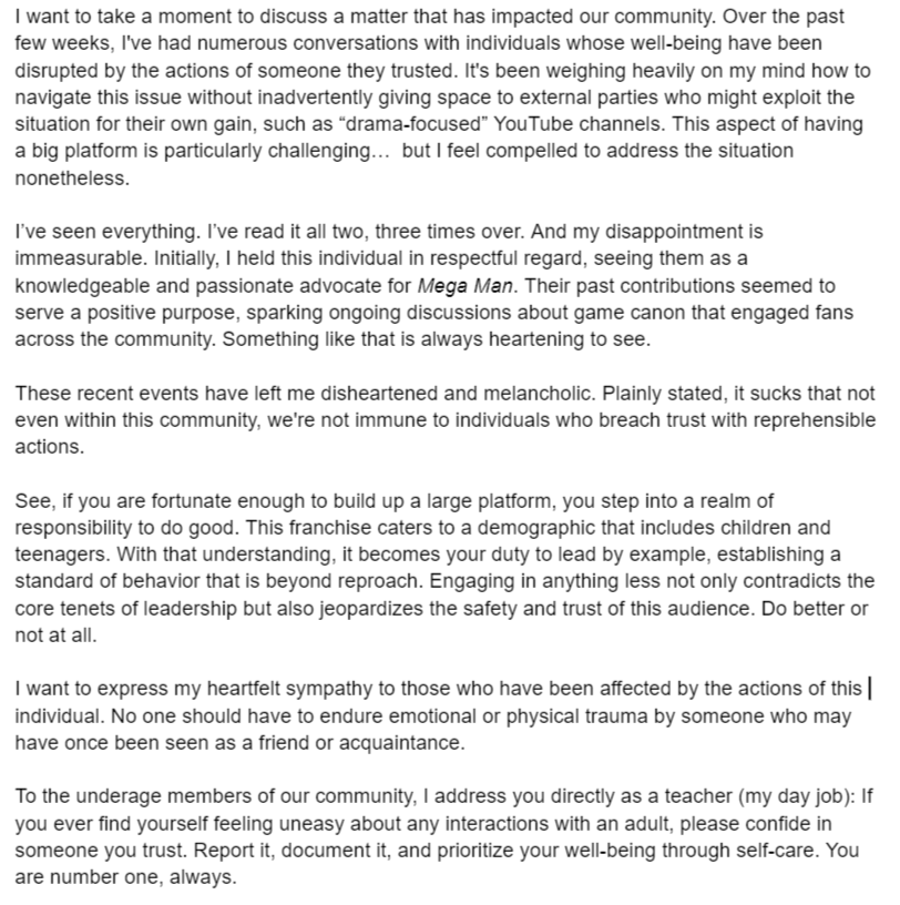 A message to the Mega Man community.