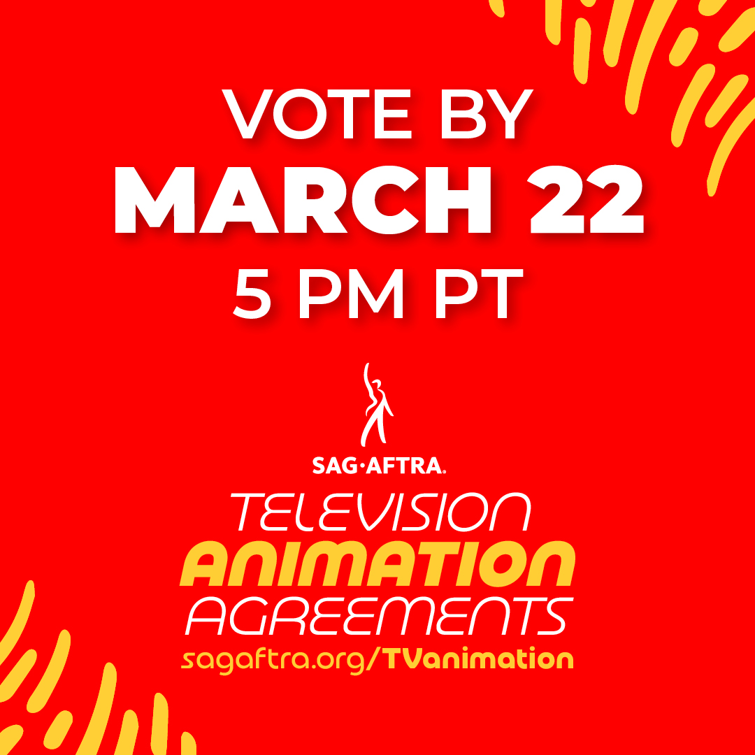 sagaftra's tweet photo. 🗳️ Vote for the TV Animation Agreements by March 22, 5 PM PT to secure important gains. Your voice matters! More info and how to vote at https://t.co/Dyu91WXxE7. #SagAftraMembers 💪 https://t.co/bAnyVfvy7Z