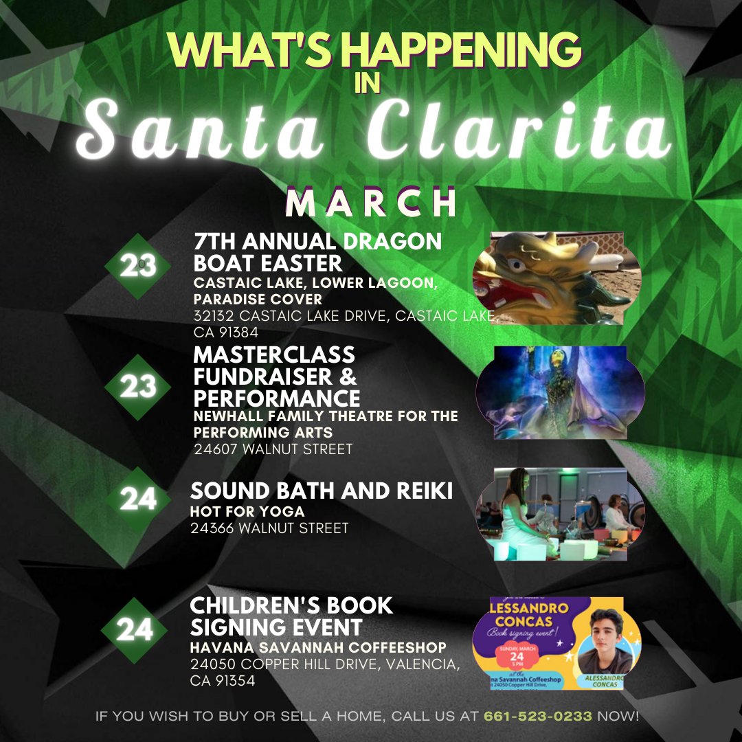 What's Happening in Santa Clarita 📅✨

✨: Leave your worries behind and indulge in a weekend of relaxation and bliss!

#besthomesincalifornia #santaclarita #santaclaritavalley #santaclaritaevents #SCV #ExploreSantaClarita #SantaClaritaLife #SCVAdventures #SantaClaritaEvents