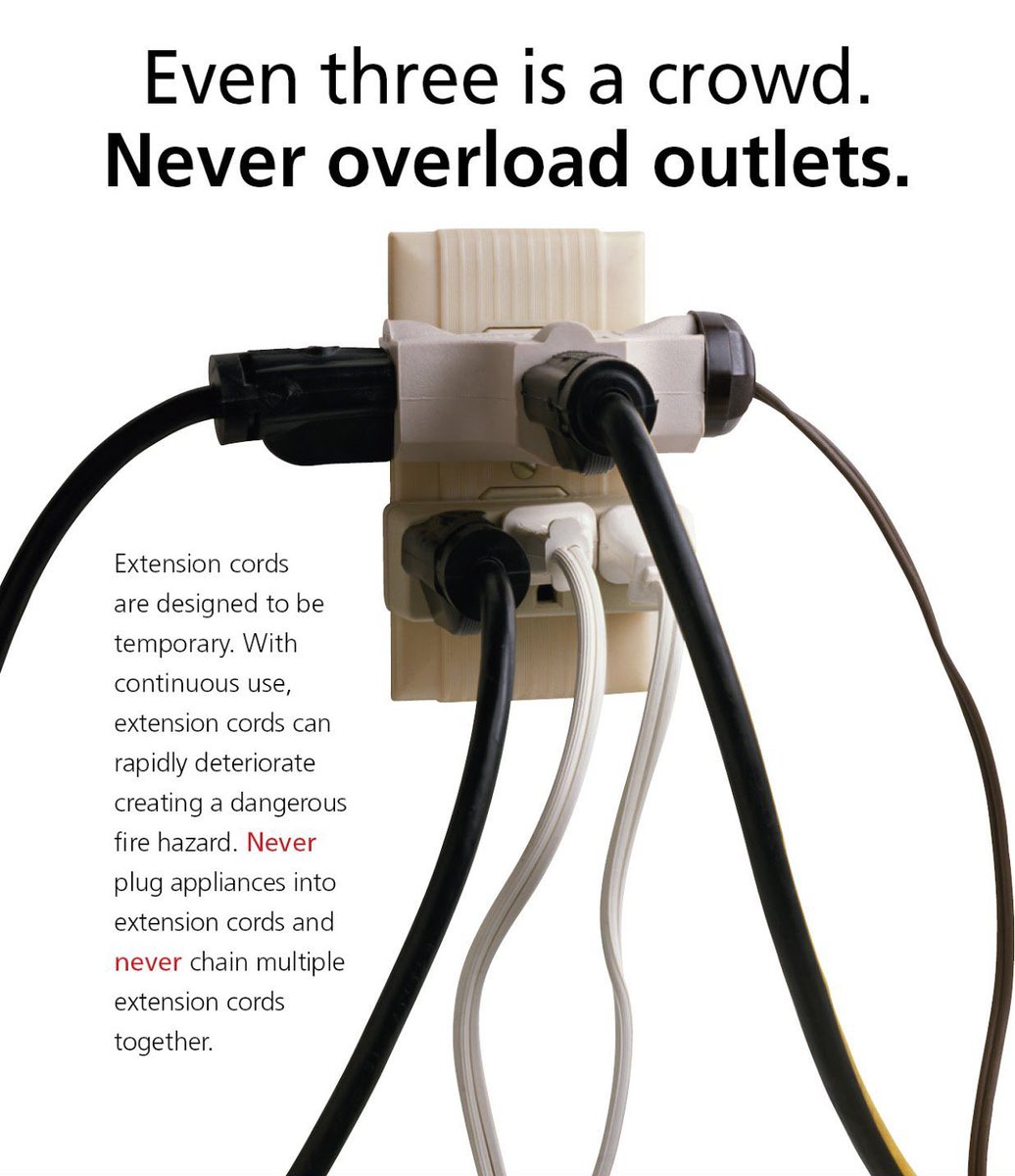 Help reduce the risk of electrical fires. Never overload electrical outlets or power strips. #StaySafeAtHome
#FireSafety
