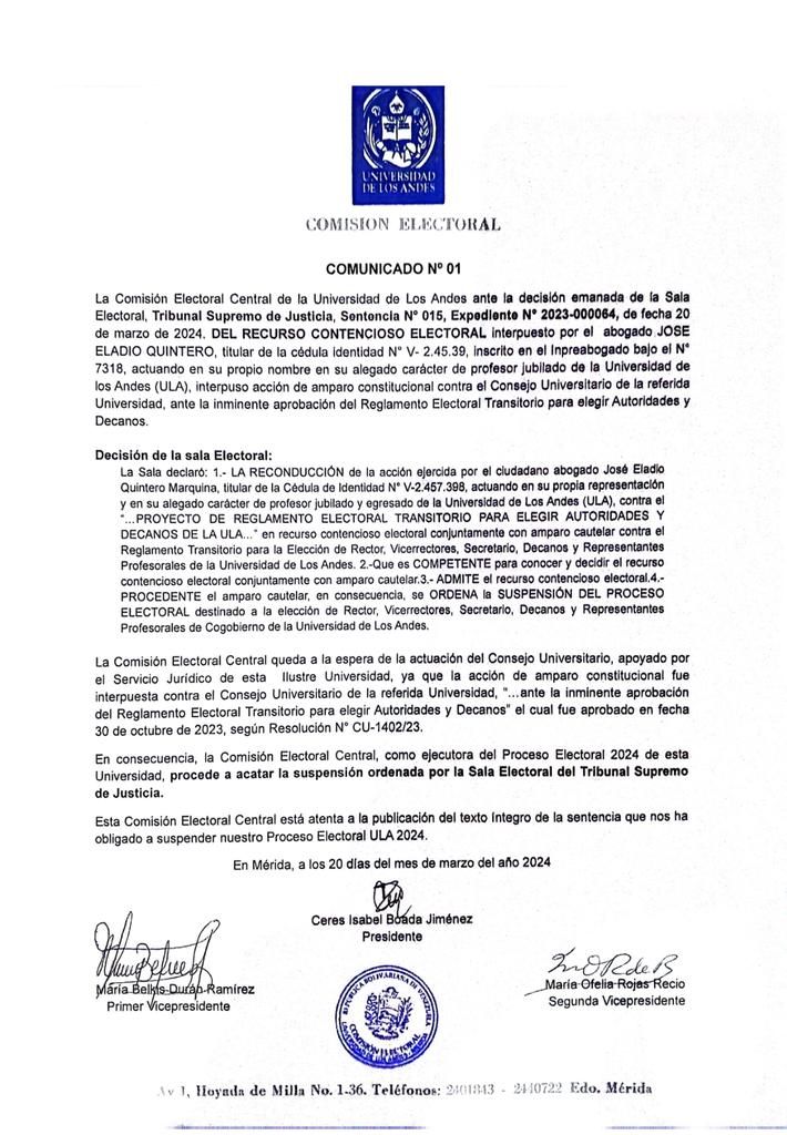 #ULA me solidarizo con la comunidad ulandina ante la suspensión d las elecciones d autoridades por una absurda sentencia. 

Hoy más que nunca los estudiantes d todas las universidades del país debemos estar unidos. Las casas d estudios siempre serán un nicho de pensamiento LIBRE.