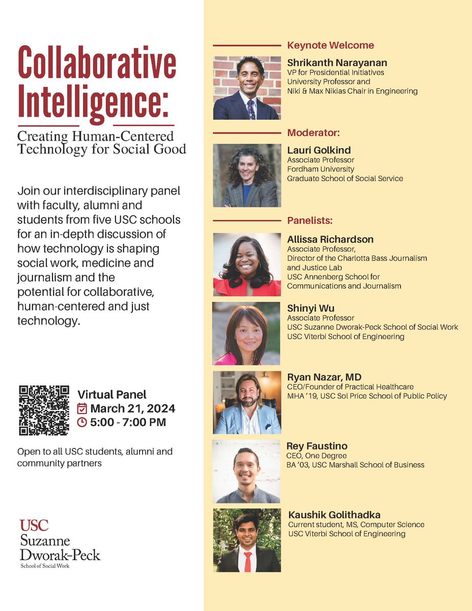 Jennifer A. Parga, MSW she/her(s) (@sd_socialworker) on Twitter photo Couldn't be more excited about TOMORROW - so many #collaborations and #SWtech #ethics #ArtificialIntelligence conversations happening! Thank you for your support! <a href="/USCAnnenberg/">USC Annenberg</a> <a href="/USCViterbi/">USC Viterbi School</a> @PresidentFolt <a href="/USCMarshall/">USC Marshall School of Business</a> <a href="/USCPrice/">USC Price School</a> <a href="/uscsocialwork/">USC Social Work</a>
Register: usc.zoom.us/meeting/regist… Couldn't be more excited about TOMORROW - so many #collaborations and #SWtech #ethics #ArtificialIntelligence conversations happening! Thank you for your support! <a href="/USCAnnenberg/">USC Annenberg</a> <a href="/USCViterbi/">USC Viterbi School</a> @PresidentFolt <a href="/USCMarshall/">USC Marshall School of Business</a> <a href="/USCPrice/">USC Price School</a> <a href="/uscsocialwork/">USC Social Work</a>
Register: usc.zoom.us/meeting/regist…