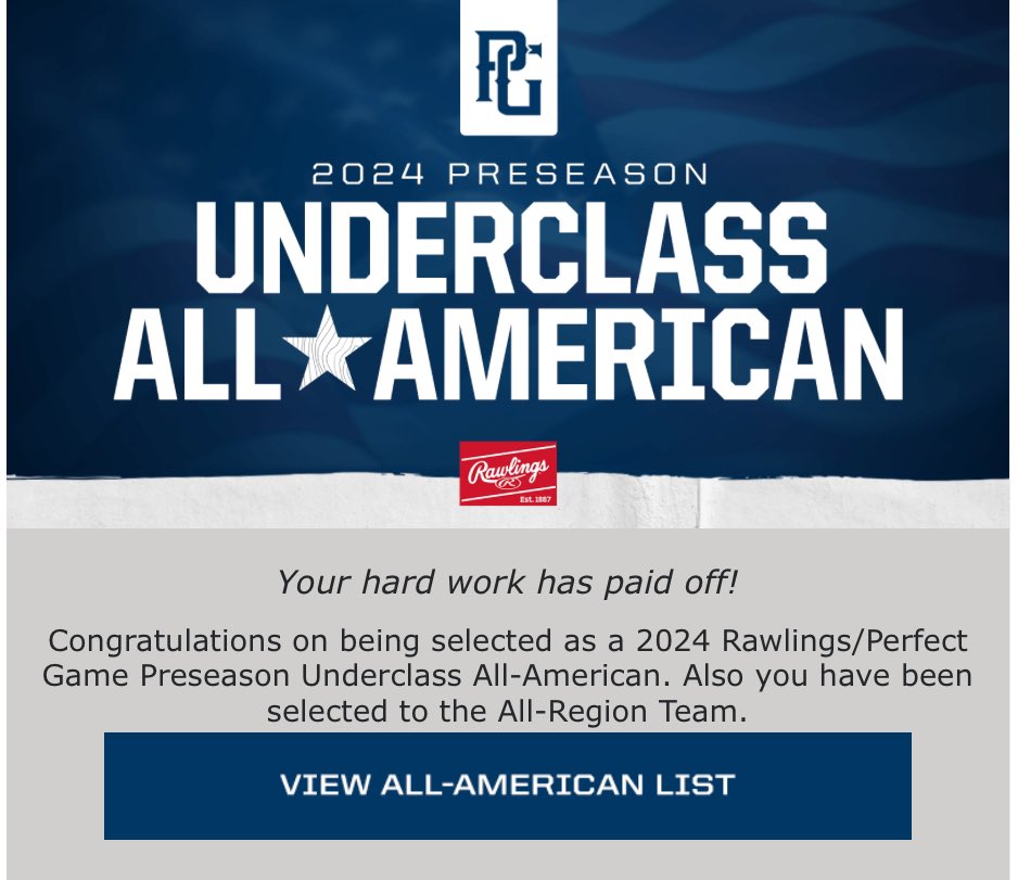 Blessed to be elected to the Underclass All-America team and All-Region Team! Thank you <a href="/PG_Coastal/">PG Coastal</a> @JBrownPG <a href="/PerfectGameUSA/">Perfect Game USA</a>