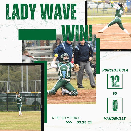 PHSGreenWaveSB's tweet photo. #flythewave for your Lady Wave as they pick up the victory over Mandeville!
Sierra’s play in the gap gets her the #slayqueen
Abby adds to the #Bombsquad total for the season with her 9th 💣 on the year!!
#ladywaveway EVERYDAY! https://t.co/pJw9bg07h5