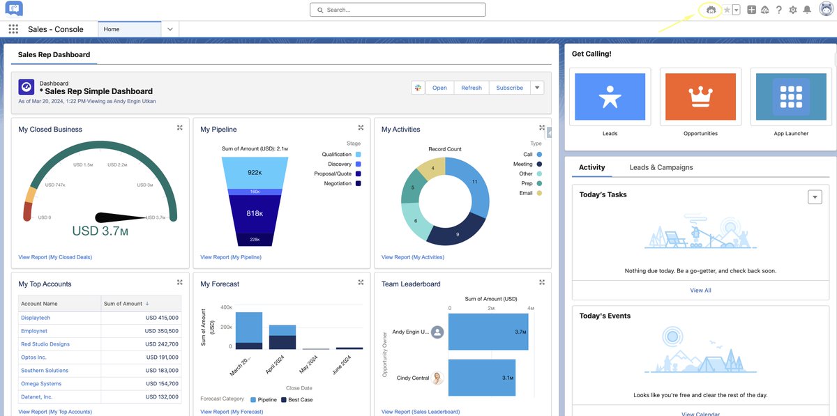 Have you tried Salesforce Einstein Copilot yet. Many have not seen it. I have not seen it until today. Gather around for info. Here is where you find it if you have it turned on (see the yellow circle/arrow). 🧵