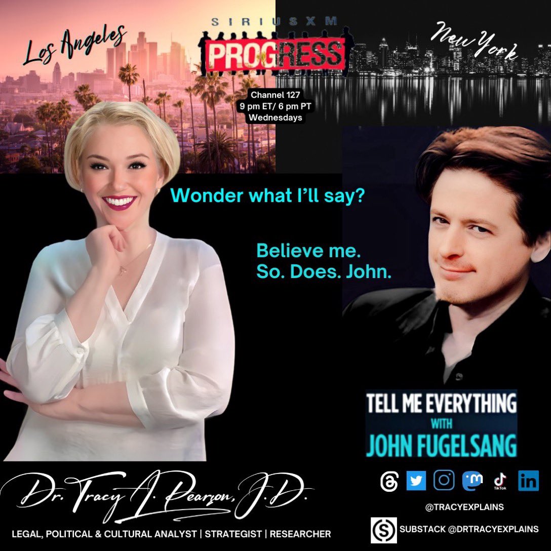 Two of the finest together tonight Dr. @TracyExplains and @JohnFugelsang @SiriusXMProg #TellMeEverything 3rd Hour of John’s #TME Ch 127, WED 9PM ET on @SIRIUSXM. “They’ve got the right stuff, baby.” 👏⚖️👏