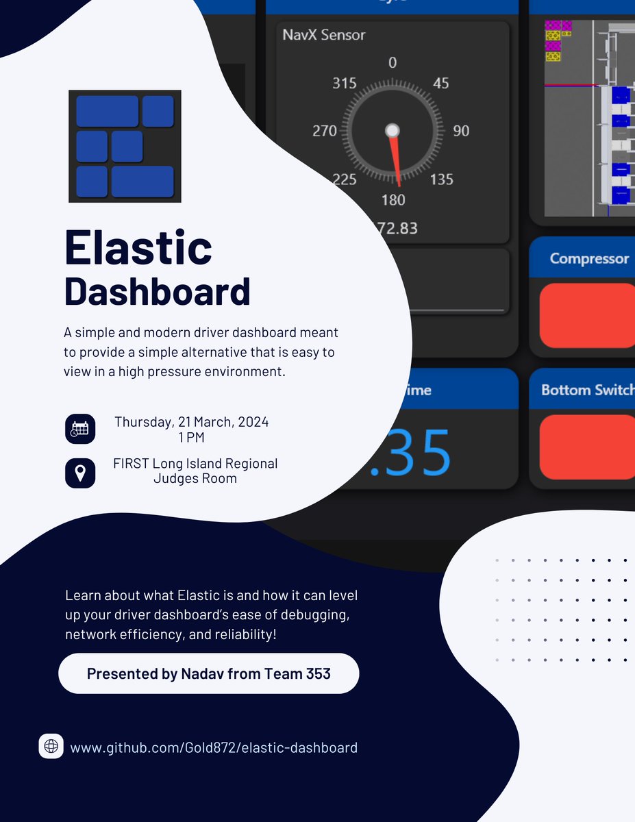 Does your team want to check out Elastic Dashboard as an alternative to Shuffleboard? Already using it and want to become a master?
Come on down to the Elastic Workshop hosted by  <a href="/POBots_353/">The POBots</a> tomorrow.
