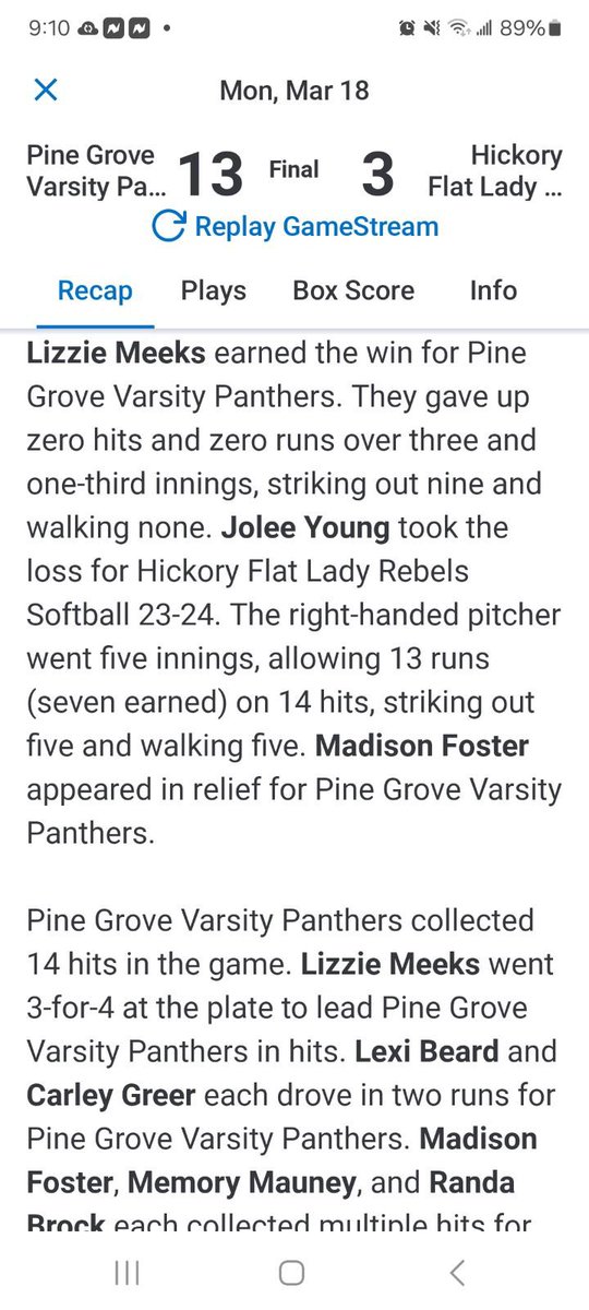 LizzieMeeks10's tweet photo. Had 2 great games so far this week including a perfect game against Falkner last night and a 3-run 💣!! Can’t wait to get back on the field tomorrow at HW Byers for another division game!!! https://t.co/tujZycrRIs