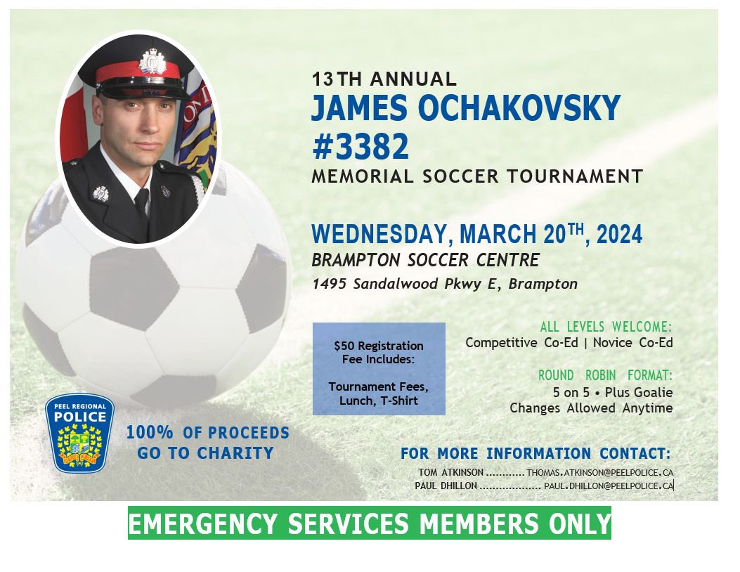 Thank you to all our LE and EMS partners who came out to support the 13th Annual James Ochakovsky Memorial Soccer tournament with 27 teams, the largest tournament ever. A big thank you to the volunteers, sponsors, and the <a href="/CityBrampton/">City of Brampton</a> for the support that made today possible.