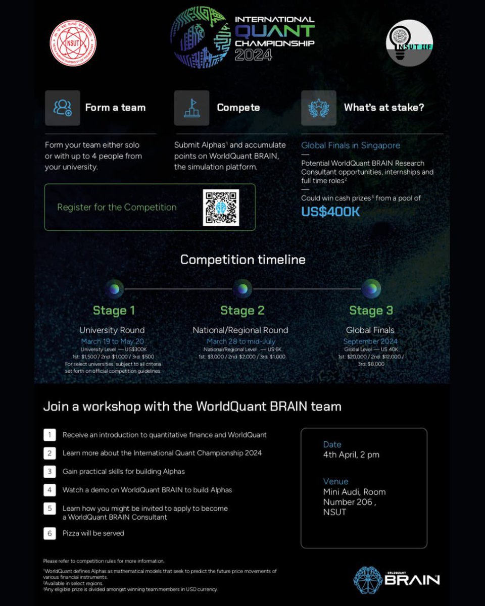 World Quant International Quant Championship 2024 is back.  Share it with your friends and create teams details about the winning prize at different levels will be shared later.
Register Now : platform.worldquantbrain.com/iqc

4th April 2024, Mini Audi , NSUT Main Campus.
