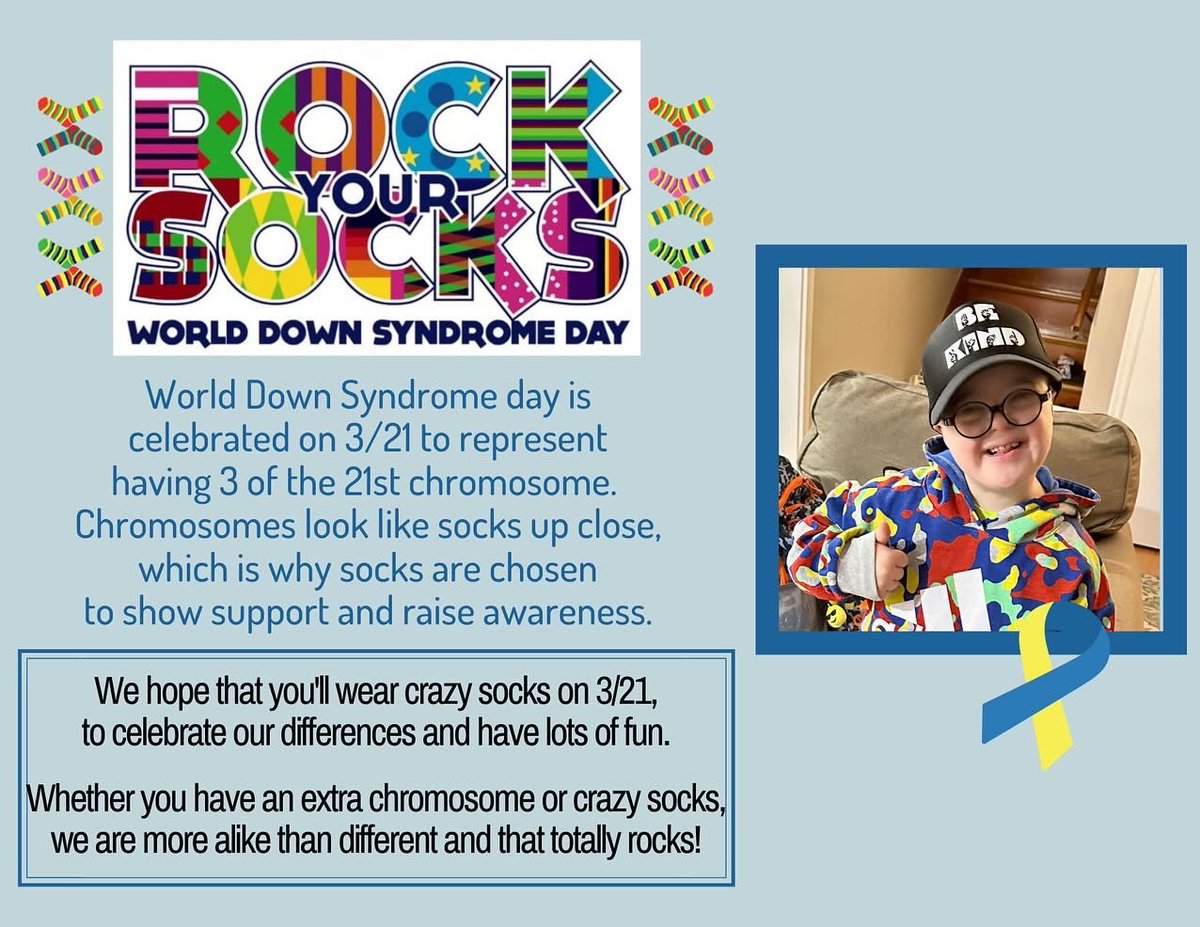 MrsMBNorton's tweet photo. TOMORROW💙💛 
Celebrate World Down Syndrome day!!!
Individuals w/ DS have a 3rd copy of the 21st chromosome, which is why we celebrate on 3/21🥰
Wear your blue &amp; yellow…these colors represent Down syndrome and ROCK YOUR SOCKS🧦❤️
#allinforallen #WDSD2024 https://t.co/brmqRPgW0F