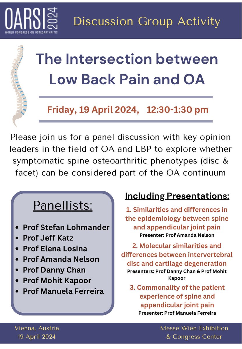 Please join our discussion group meeting on April 19th and hear from our international panel of experts in LBP and Osteoarthritis! ⁦@OARSInews⁩ ⁦@littlecb5001⁩ ⁦@DrRajRampersaud⁩