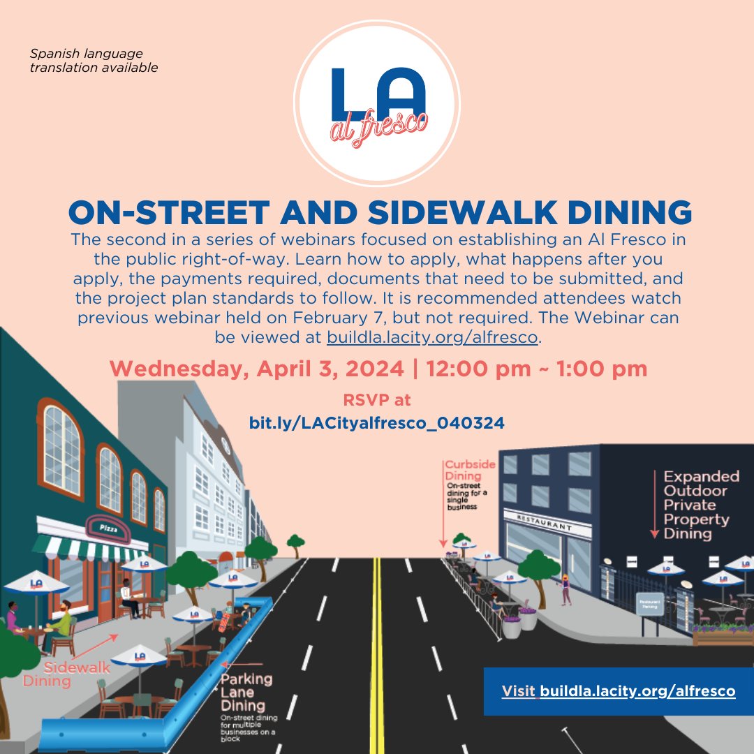 Al Fresco applications are now available! Temporary Authorization holders must also apply to continue to offer Al Fresco outdoor dining after July 31, 2024. Please apply early to allow for adequate time for application review and approval. Apply here: buildla.lacity.org/alfresco.