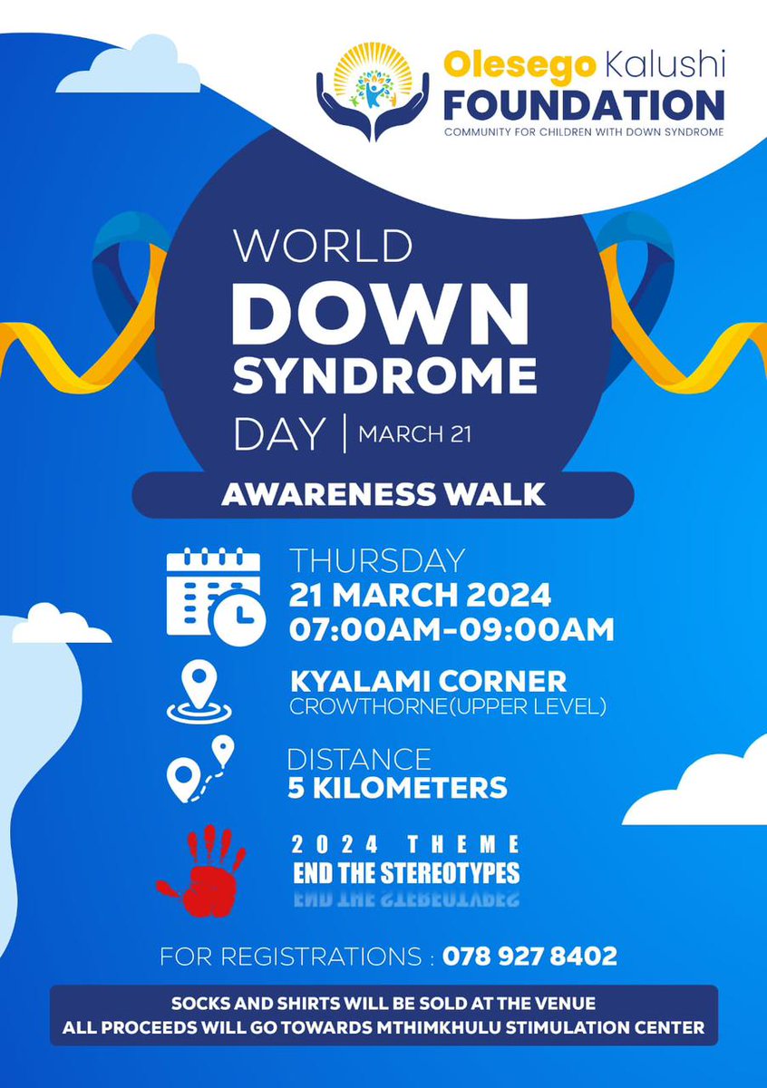 🚨| Its World Down Syndrome Day. The Olesego Kalushi Foundation will be hosting a charity Walk this morning. All the proceeds raised will GO to Meadowlands based Mthimkhulu Stimulation Centre for Children. We thank all the participants for supporting. #WozaNawe #BabizeBonke