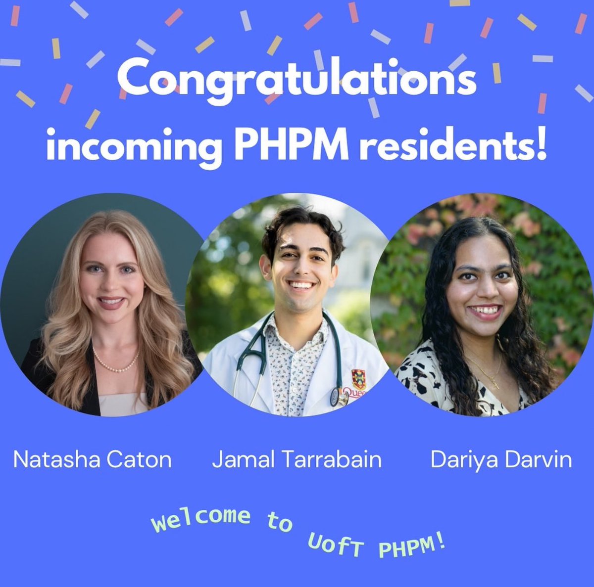 U of T PHPM is thrilled to announce our newest residents!  Congratulations and welcome Drs. Natasha Caton, <a href="/jamaltarrabain/">Jamal Tarrabain</a> &amp; Daria Darvin, can’t wait to see those smiling faces in July😁