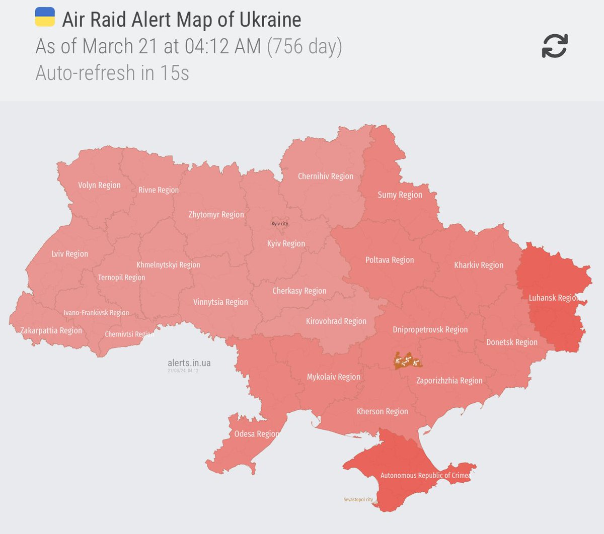 It’s 4am in Ukraine.

The entire country of Ukraine is under air raid alert due to Russian bombers airborne seeking to carry out more terrorist attacks on innocent people.

756-days of war.

#PrayForUkraine