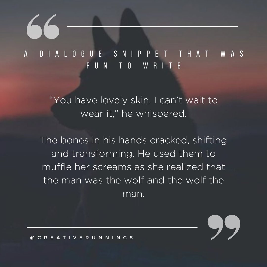 I don't write #dialogue often, but when I do, a #werewolf speaks. 🐺😆 What fun dialogue have you written? All caught up with this #writerfriendschallenge - day 20! PS: full story at creativerunnings.com/publications/a… #amwriting #WritingCommunity #writerslife #writerslift #writechat