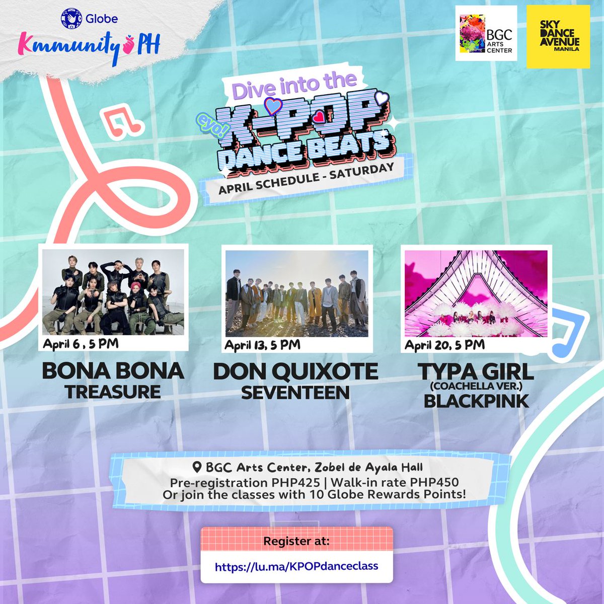 WeTeuMesPH's tweet photo. Hello April! Ito na ang summer ganap mo with your chingus: join the #KmmunityPHDanceClass 🕺 Comment down below which class you're joining!

Register at https://t.co/c3MwztMGqE

Join by redeeming 10 Globe Rewards Points per class using the GlobeOne app.

#TREASURE #트레저 #トレジャー 
#SkyDanceAvenueManila #GlobeKmmunityPH #KPopDanceClasses
@treasuremembers
@KmmunityPH