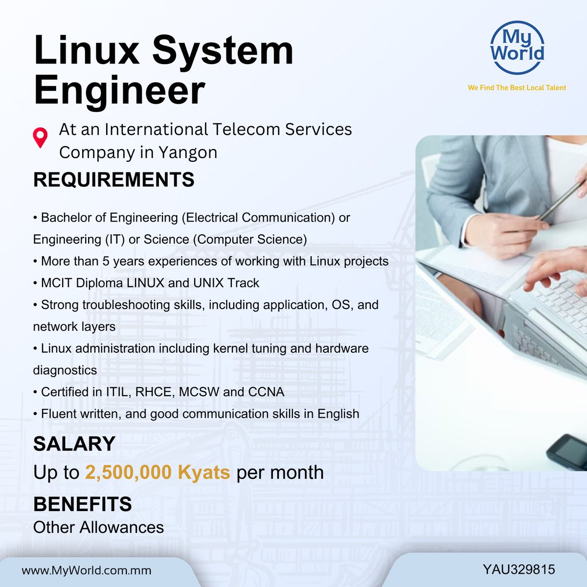 MyWorld_Myanmar's tweet image. Hiring in #Yangon

Position - #LinuxSystemEngineer at an International Telecom Services Company
Salary - 2,500,000 Ks  
#Job Link - tinyurl.com/mvm4saw4
Email - support@myworld-careers.com 

#vacancies #jobs #jobopportunity