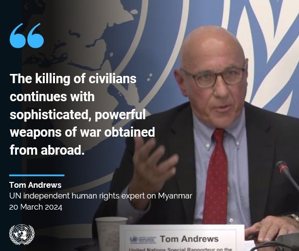 Mass killings of detainees, dismemberment &amp; desecration of corpses, reports of rape &amp; the deliberate burning of entire villages: <a href="/RapporteurUn/">UN Special Rapporteur Tom Andrews</a> Tom Andrews urges global action to halt #Myanmar junta atrocities.
 
buff.ly/4a0th5k 
#HRC55 <a href="/UN_HRC/">UN Human Rights Council</a> <a href="/UN_SPExperts/">UN Special Procedures</a>