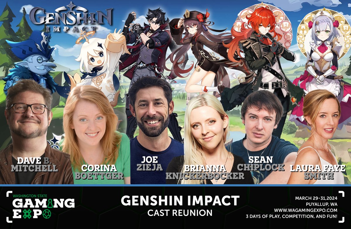 wagamingexpo's tweet photo. SIX Genshin Impact guests are coming to the Washington State Gaming Expo for an amazing weekend March 29-31 in Puyallup.  Paimon, Diluc, Noelle, Hu Tao, Wriothesley, and Pulcinella will be with us signing autographs, taking selfies, and meeting their fans. Tickets are on sale now https://t.co/5xLP6YTYdd