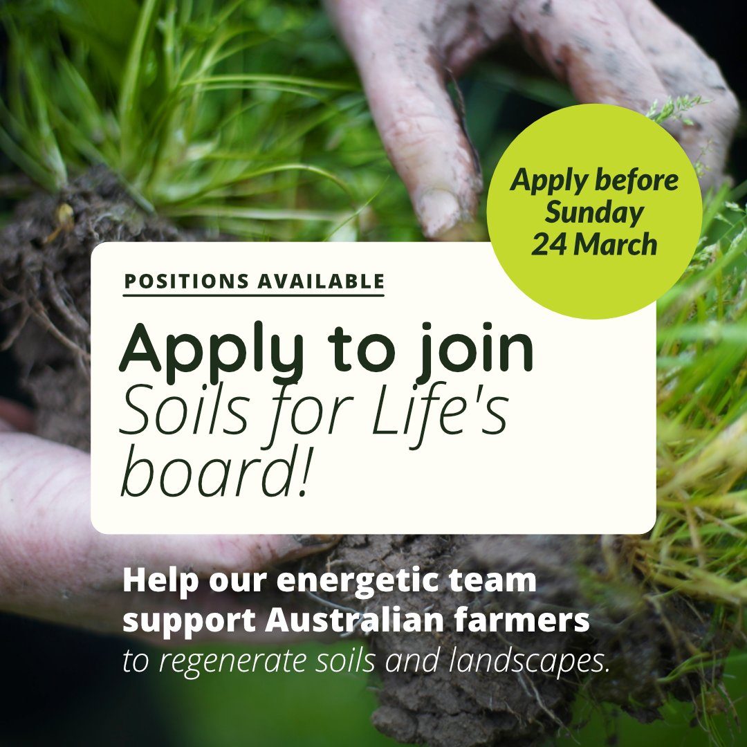 One week left to apply to join the Soils for Life Board! Are you excited about regenerating soils and landscapes and building resilience in farming communities? Help our team support Australian farmers to regenerate soils and landscapes. soilsforlife.org.au/wp-content/upl…