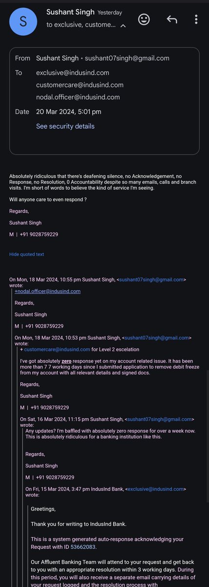 sushantktm's tweet photo. @MyIndusIndBank Sadness is when you realize you opened  account in a bank that stops caring once you put your money! Does Indusind bank still exist? My mom's account has been debit frozen for more than 15 days now and despite multiple application, emails, complaints, branch visits, 0 response https://t.co/PM0F4h7wrO