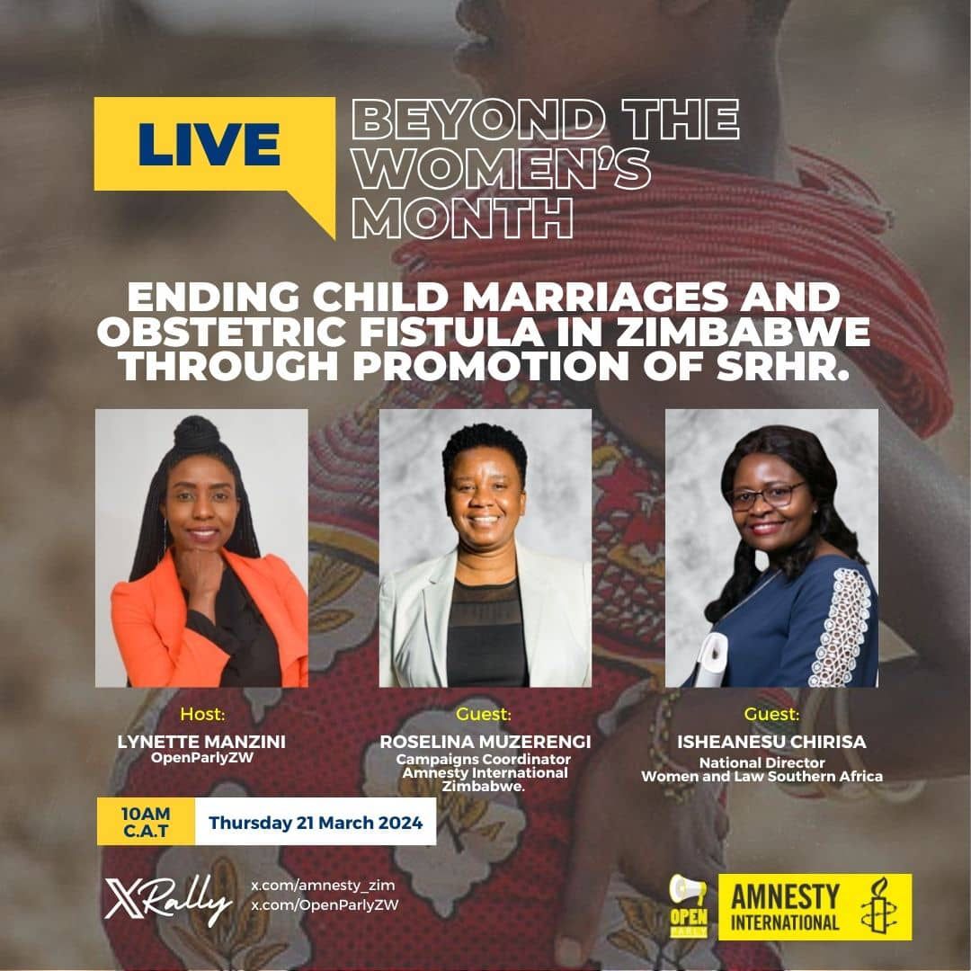 Its happening today!🗓️ Set up a reminder for our upcoming XSpace.⏰ @OpenParlyZw @WLSAZW @AmnestySARO Click🔗below to join: twitter.com/i/spaces/1BdGY… #WomensMonth