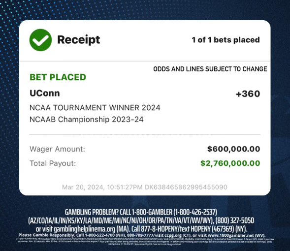 I have made a large bet. I really don't think there is anybody who can play with #uconn Like +360 is not great odds but at the same time great odds. Yes I am worried that everybody is picking them. #DKPartner