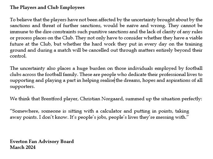 Ahead of the upcoming PSR hearing, we have submitted a Fan Impact Statement via <a href="/Everton/">Everton</a> and the <a href="/premierleague/">Premier League</a> that sets out the implications a further charge would have for supporters, the community, Club staff, and the broader football family.

Details: efc-fanadvisoryboard.com/2024/03/21/fab…