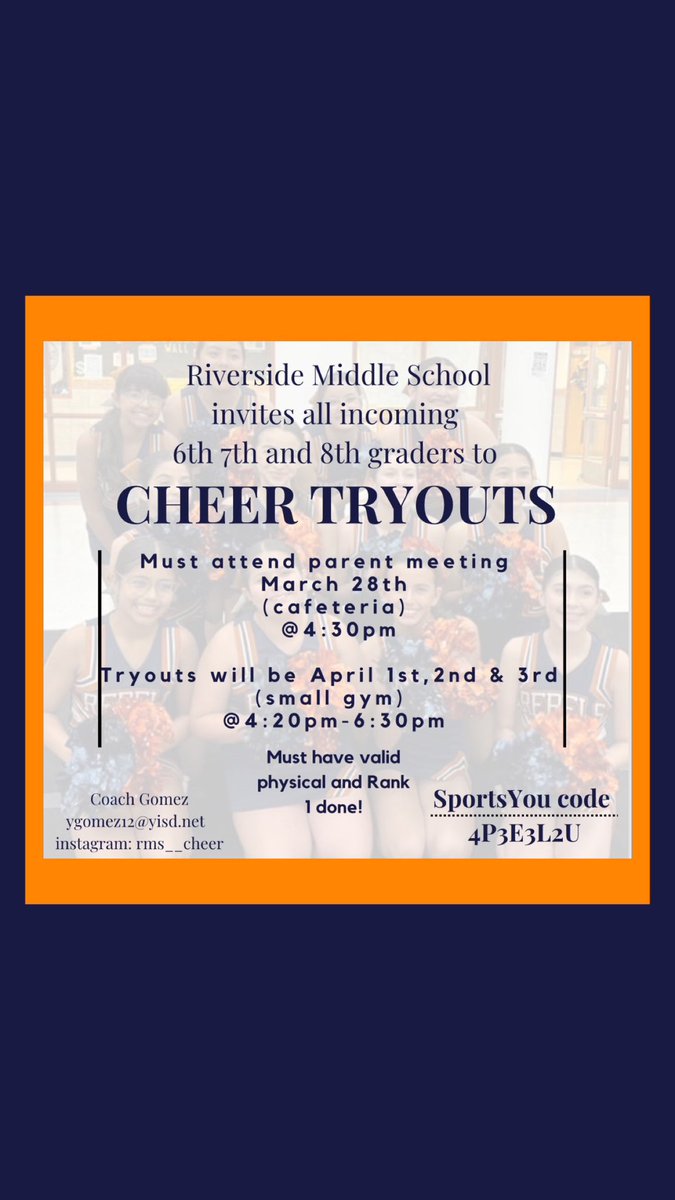 Join us for tryouts!🎀📣 Experience the thrill of being part of our incredible team, Bigger and bolder than ever before!!🧡💙 If you have any question, don’t hesitate to contact Coach Gomez at ygomez12@yisd.net We look forward to hearing from you!🥳