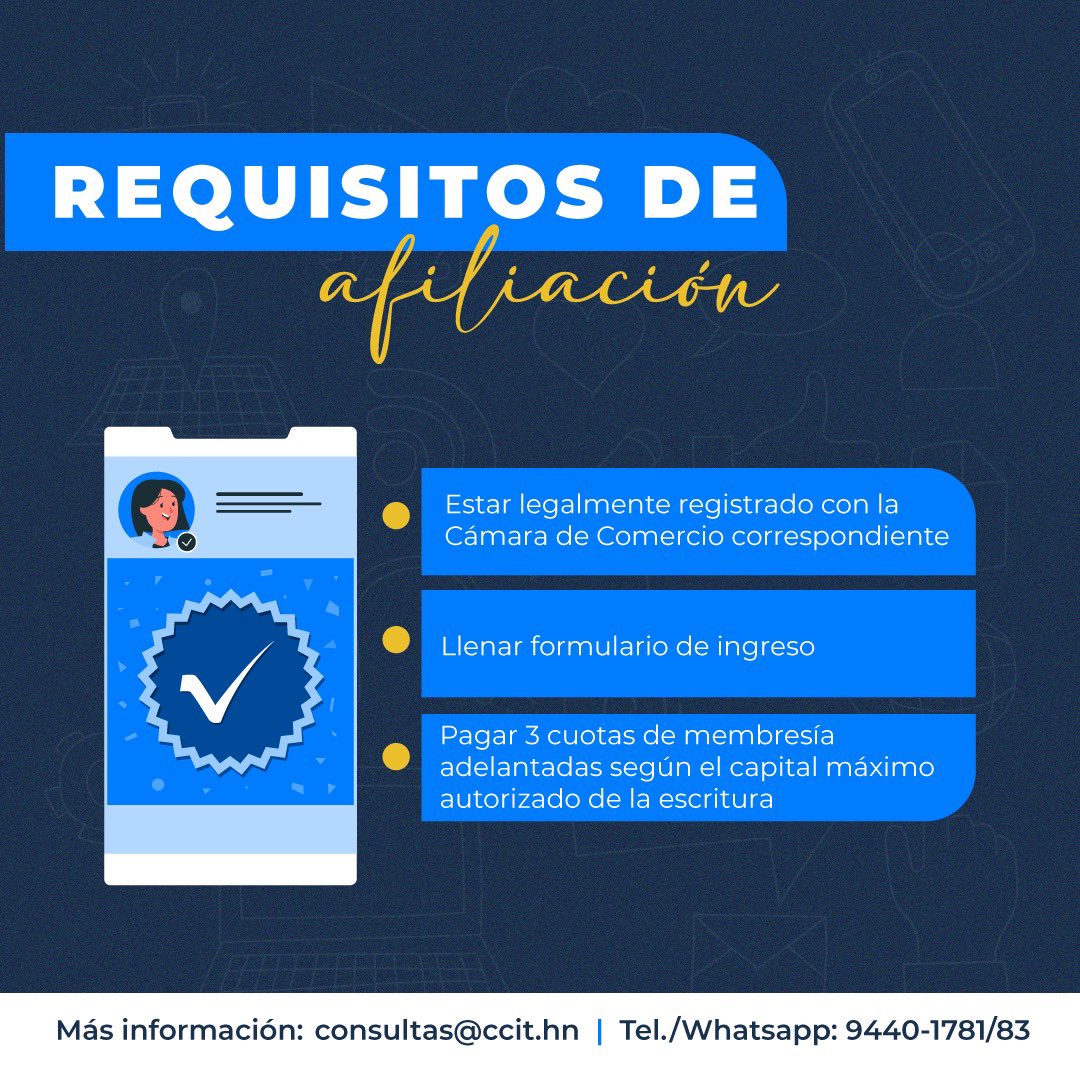 ¿Quieres afiliarte a la Cámara de Comercio e Industria de Tegucigalpa y aún no sabes cómo?
Potencia, fortalece y desarrolla tu empresa con nosotros y goza de todos los beneficios que ofrecemos. 

Contáctanos ➡️ consultas@ccit.hn o 9440-1781