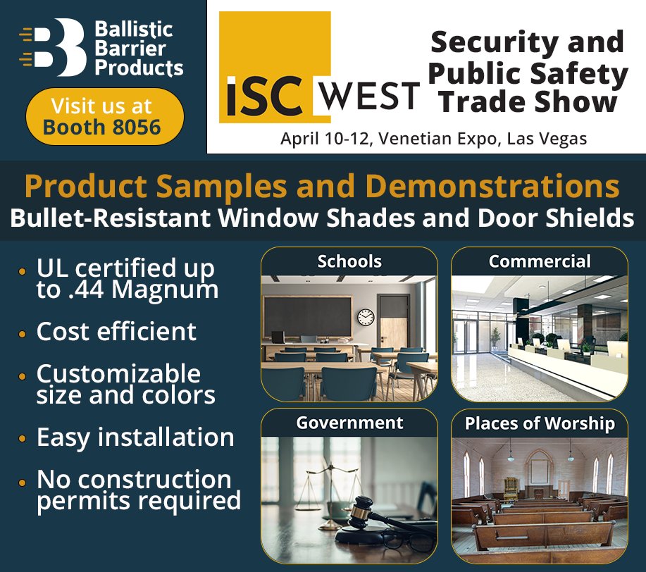 Join us at ISC West 2023, April 10-12, in Las Vegas. See product demonstrations and talk to application experts about how BBP shades and door shields can provide effective ballistic protection for windows and doors. Contact us for COMPLIMENTARY ACCESS to the show #ISCWest