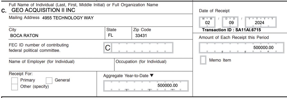 With Trump planning mass deportations and detention camps, and the Trump-aligned Project 2025 calling for the doubling of immigrant detention space, private prison company GEO Group is pouring $500K into Trump's super PAC through a subsidiary. docquery.fec.gov/pdf/106/202403…