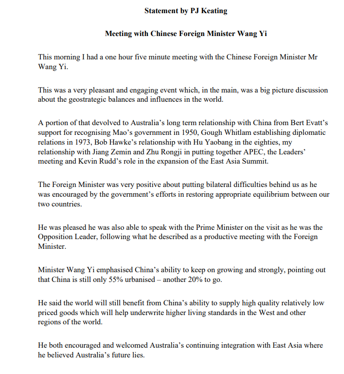 stephendziedzic's tweet photo. Keating statement on his meeting with Wang Yi notes it ran for one hour and five minutes and says the Foreign Minister was very "encouraged by the government's efforts in restoring appropriate equilibrium between our two countries" https://t.co/tMl4aIIUtl