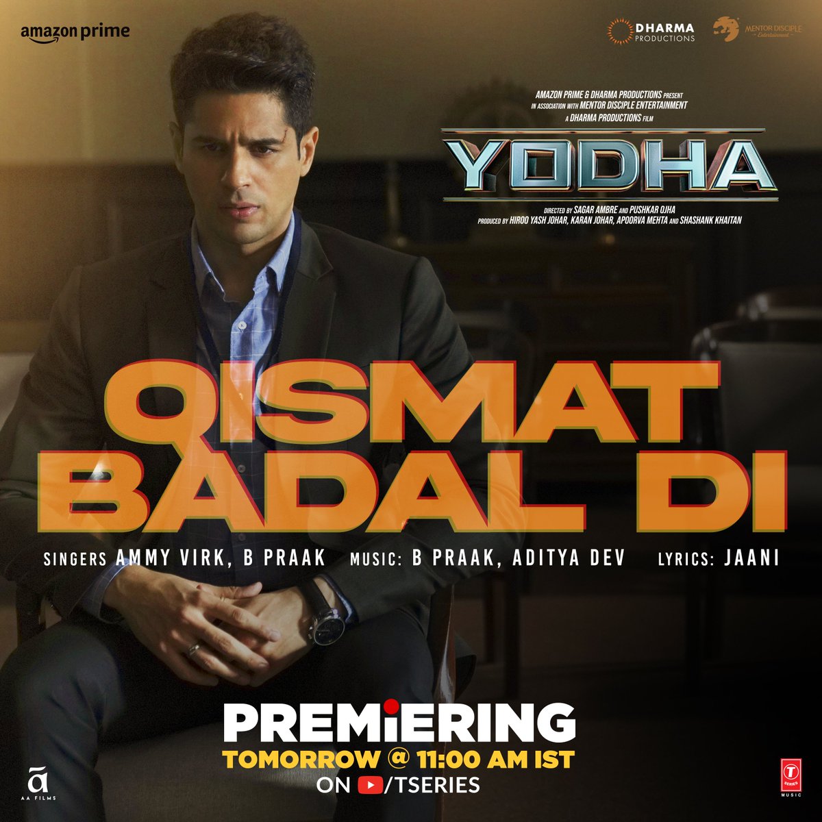 Heartbreak has a rhythm of its own, and #QismatBadalDi is its anthem.💔🎶

Song premiers tomorrow at 11am.

bit.ly/QismatBadalDi

#Yodha In cinemas now!

#KaranJohar @apoorvamehta18 #ShashankKhaitan @SidMalhotra #RaashiiKhanna @DishPatani #SagarAmbre #PushkarOjha @BPraak