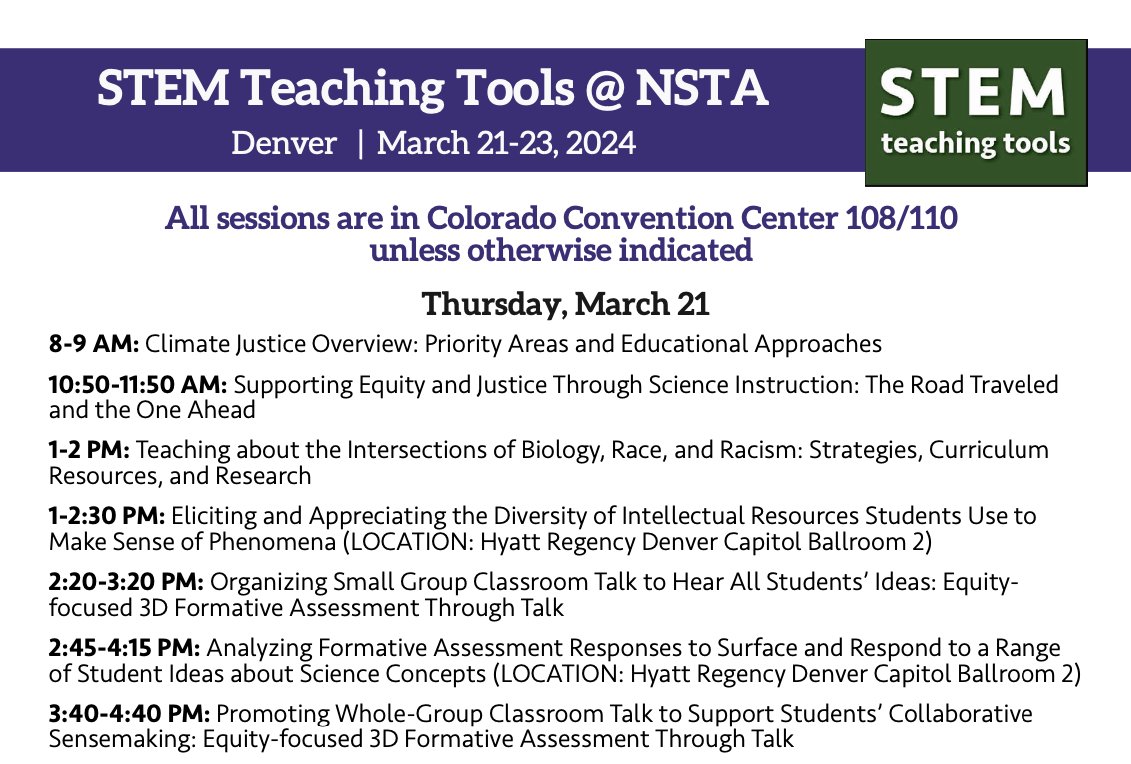 Welcome to Denver, #NSTA24! The @UW @STEMTeachTools team & collaborators have a great lineup of sessions planned for Thursday. Most are in Convention Center 108/110 stemteachingtools.org/news/2024/nsta… Come check them out! We would love it if you could help spread the word.🙏 PLS RT #SciEd