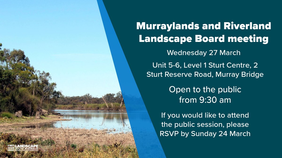 The Murraylands and Riverland Landscape Board is meeting next Wednesday 27 March in Murray Bridge. If you would like to attend the public session, please RSVP by Sunday 24 March to mr.landscapeboard@sa.gov.au or phone the executive officer on 0437 650 860. landscape.sa.gov.au/mr/about-us/mu…