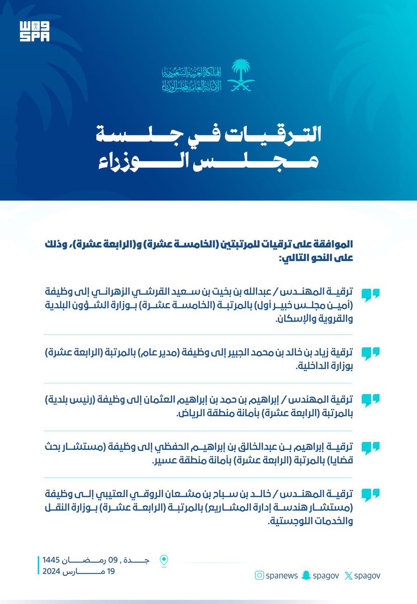 نبارك للمهندس 
خالد بن سباح مشعان  الروقي العتيبي 
 صدور قرار مجلس الوزراء بترقيته للمرتبة الرابعة عشرة بوزارة النقل والخدمات اللوجستية .