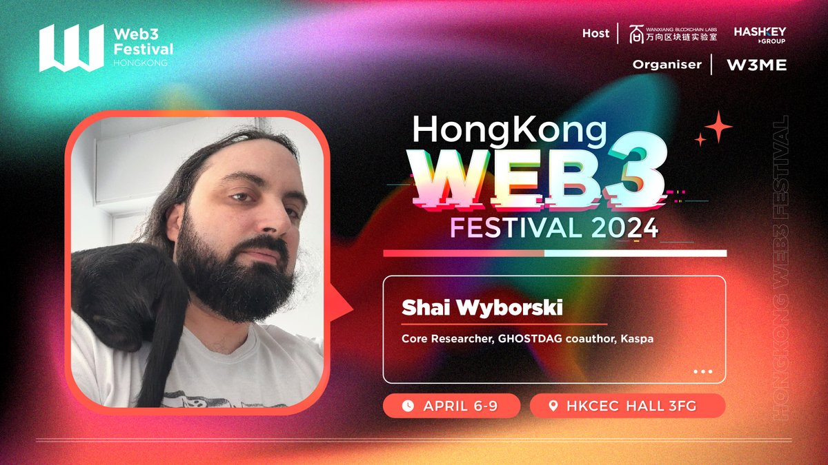 We're beyond excited to announce Shai Wyborski <a href="/DesheShai/">Shai ❤️ Deshe 💜 Wyborski 💙 (大胡子) @ deshe.kas</a>, Core Researcher, GHOSTDAG coauthor @KaspaCurrency, as a featured speaker at the upcoming Hong Kong #Web3Festival.

Join him on April 7th at Stage 3 to dive deeper into the #Web3 infrastructure: web3festival.org
