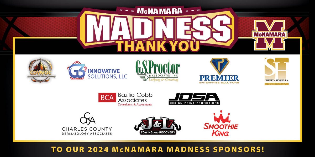 BMHSMustangs's tweet photo. As we gear up for McNamara Madness tomorrow evening, Bishop McNamara would like to share a huge, heartfelt thank you to all of our INCREDIBLE sponsors! We are so grateful for your partnership of this event! https://t.co/HtAOhlSotV