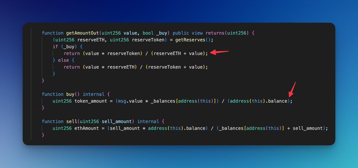 Is it a bug in the contract? The calculation formula when buying token is different from simulating or selling, which will cause liquidity arbitrage. 🤡

<a href="/Simplify_ERC314/">Simplify ERC314</a> #ERC314