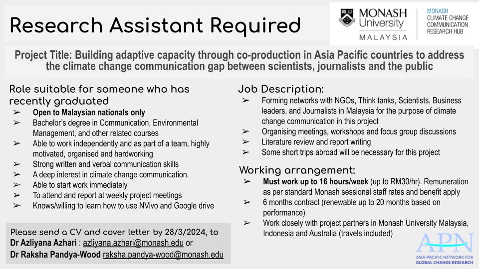 We're looking for a motivated Research Assistant to join our team in @monashmyArts @monashclicomm @MonashMalaysia and help us with impactful climate change communication projects. Connect with me or @RPandyaWood if you're interested to know more about it
