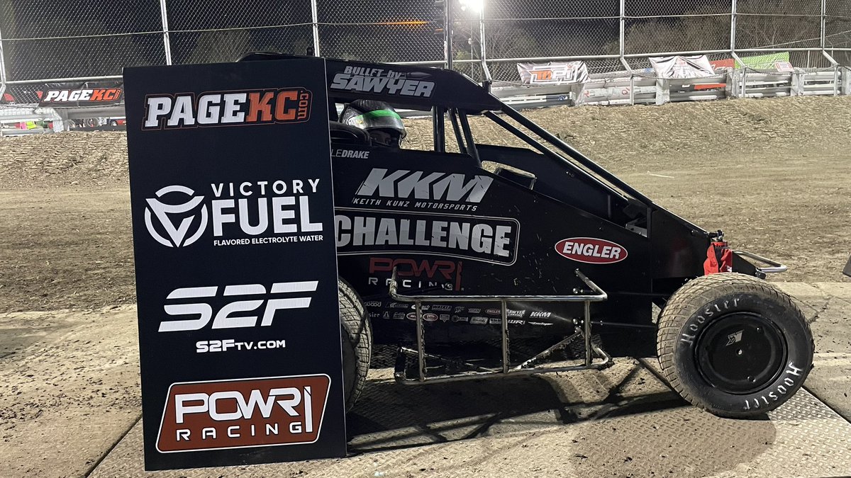 Kale Drake(#71) earns the @Drink_Victory Heat Race Two win in @K1RaceGear Preliminary Night One @KKM_67 Challenge presented by @Start2FinishTV at @PlazaParkRace powered by Keller Auto Center with the POWRi Outlaw Micro League presented by PageKC.com