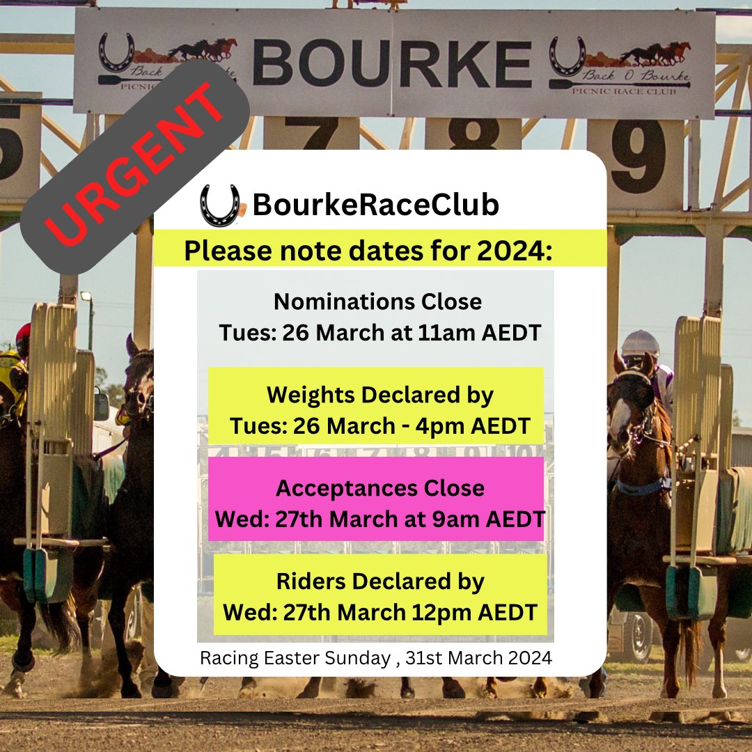 Bourke, racing Easter Sunday the 31st March. If you are a trainer and have any questions, ring Frank 0428210155