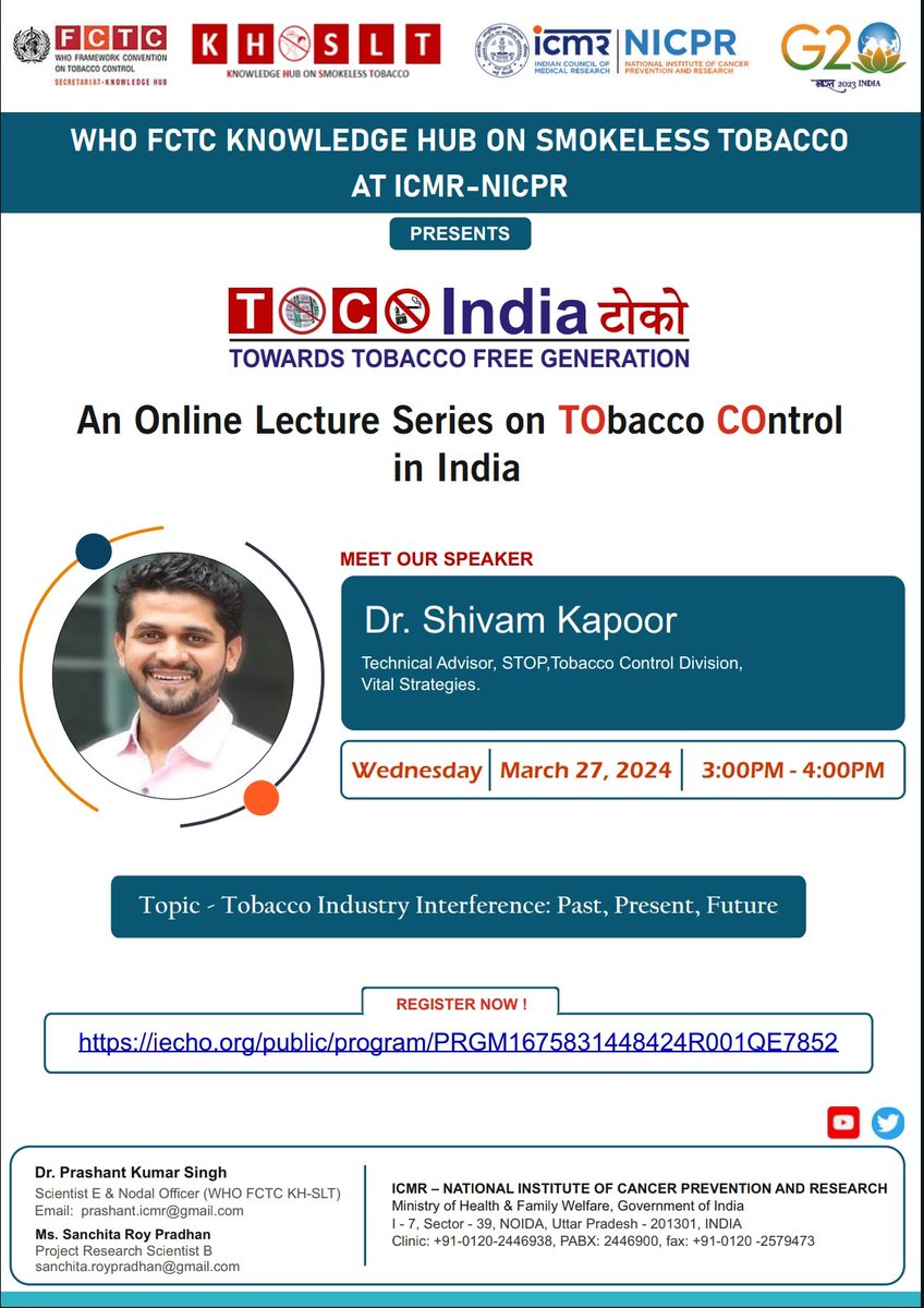 📣Do register & attend this very important talk on '#Tobacco #Industry #Interference: Past, Present & Future' by Dr Shivam Kapoor on March 27, 2024 Registration link 🔗👇🏾: iecho.org/public/program…