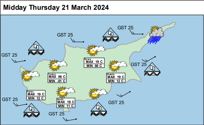 Good morning,

Here's Thursday's weather forecast 👇

An outside chance of a shower this morning, otherwise a dry day with sunshine &amp; scattered cloud.

Turning breezy by the afternoon with highs of 19 or 20 C

#Cyprus