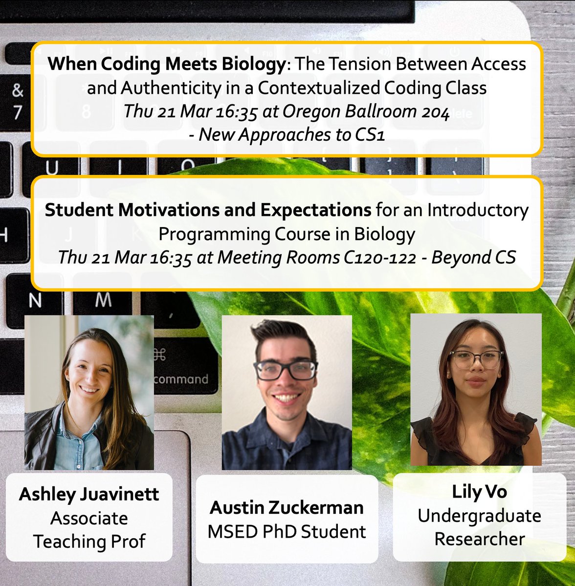 I am attending my first ever @SIGCSE_TS this week to present our work at the intersection of programming and biology! 🌱💻 #sigcse2024 Both papers are being presented tomorrow (Thurs) at 4:35 pm, or you can read them here: #1: doi.org/10.1145/362625… #2: doi.org/10.1145/362625…