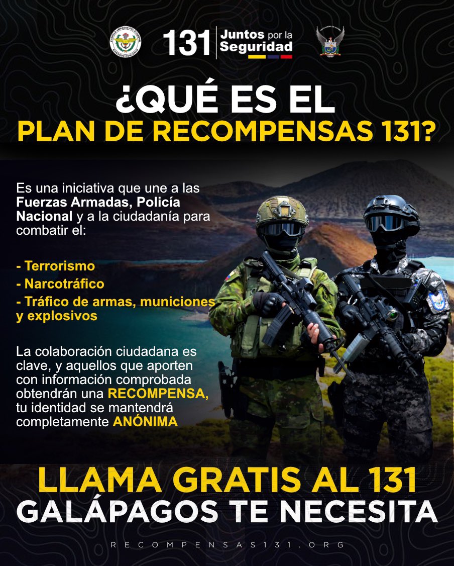 Tu colaboración es crucial! Si tienes información relevante, no dudes en informarnos llamando al 131 Juntos, construimos un país más seguro. @Presidencia_Ec @DefensaEc @MinInteriorEc @FFAAECUADOR @PoliciaEcuador @EjercitoEC @armada_ecuador @FuerzaAereaEc