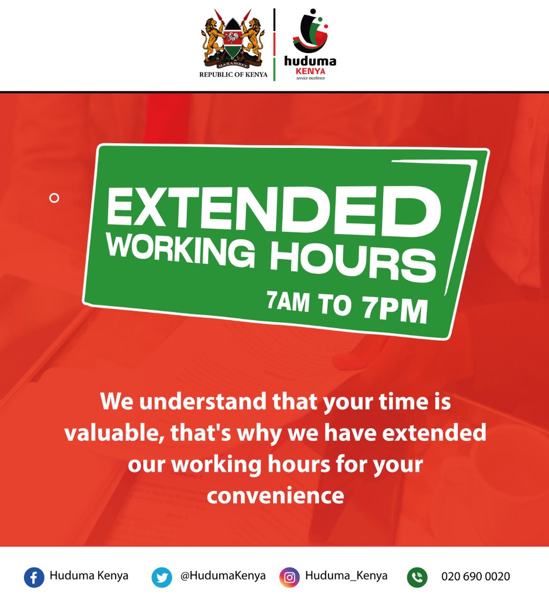 HudumaKenya's tweet image. Your time is precious, we&apos;re here to serve you from 7 AM to 7 PM! ⏰ 

#Convenience #ExtendedHours